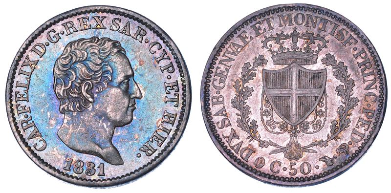 REGNO DI SARDEGNA. CARLO FELICE DI SAVOIA, 1821-1831. 50 Centesimi 1831. Torino.  - Auction Numismatics - Cambi Casa d'Aste