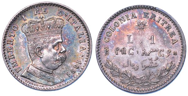 REGNO D'ITALIA. COLONIA ERITREA. UMBERTO I DI SAVOIA, 1890-1896. Lira 1891.