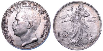 VITTORIO EMANUELE III DI SAVOIA, 2 Lire 1911, Cinquantenario, Prova