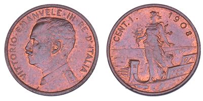 REGNO D'ITALIA, Vittorio Emanuele III di Savoia, Centesimo 1908, Italia su prora