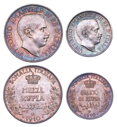 VITTORIO EMANUELE III DI SAVOIA, Mezza Rupia e Quarto di Rupia, Somalia Italiana, 1910