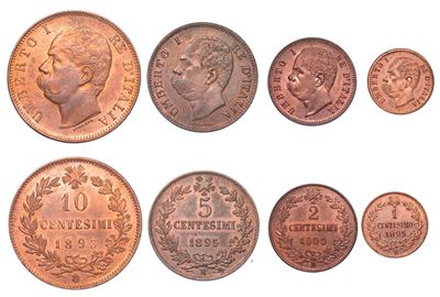 Umberto I di Savoia, Lotto di quattro monete: 10 Centesimi 1893, 5 Centesimi 1895, 2 Centesimi 19...