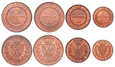 Regno di Sardegna, Lotto di quattro monete: 5 Centesimi 1926, 5 Centesimi 1826, 3 Centesimi 1826,...