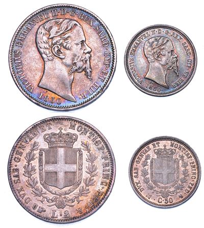 Regno di Sardegna, Vittorio Emanuele II di Savoia, Lotto di due monete: 2 Lire 1850 e 50 Centesim...