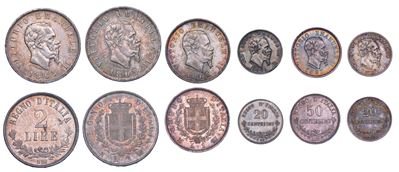 Regno d'Italia, Vittorio Emanuele II di Savoia, Lotto di sei monete, 1861-1878, Argento