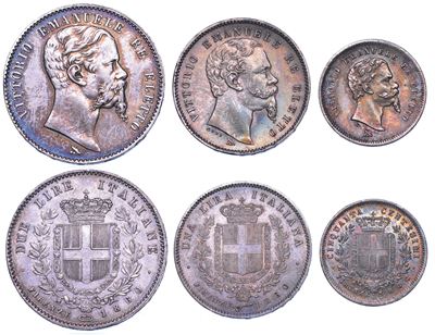 Vittorio Emanuele II di Savoia, Lotto di tre monete: 2 Lire 1860, Lira 1860, Cinquanta Centesimi ...