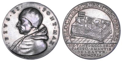 PIO II, Medaglia di restituzione in argento (circa 1664) per l'attività letteraria del Pontefice