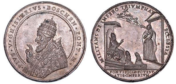 STATO PONTIFICIO. PIO V (Antonio Ghislieri), 1566-1572. Medaglia di restituzione in argento (circa 1672). Beatiifcazione di Pio V.