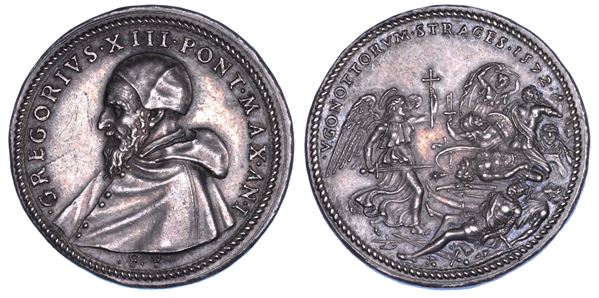 STATO PONTIFICIO. GREGORIO XIII (Ugo Boncompagni), 1572-1585. Medaglia in argento 1572/A. I. Strage degli Ugonotti.