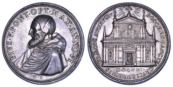 STATO PONTIFICIO. PIO V (Antonio Ghislieri), 1566-1572. Medaglia in argento 1571/A. VI. Consacrazione della chiesa di Santa Croce a Boscomarengo.