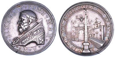 Sisto V (Felice Peretti), Medaglia annuale in argento A. V (1589) - Erezione dell'obelisco Flamin...