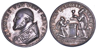 Clemente VIII, Medaglia annuale in argento 1594/A, Conversione al Cattolicesimo di Enrico IV di F...