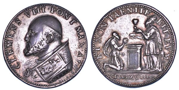 STATO PONTIFICIO. CLEMENTE VIII (Ippolito Aldobrandini), 1592-1605. Medaglia annuale in argento 1594/A. III. Conversione al Cattolicesimo di Enrico IV di Francia.