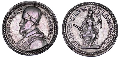 Clemente IX (Giulio Rospigliosi), Medaglia in argento con la Clemenza del Pontefice, 1668