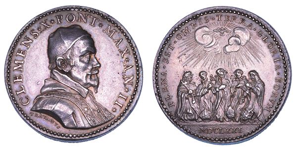 STATO PONTIFICIO. CLEMENTE X (Emilio Altieri), 1670-1676. Medaglia annuale in argento 1671/A. II. Canonizzazione di cinque nuovi Santi.