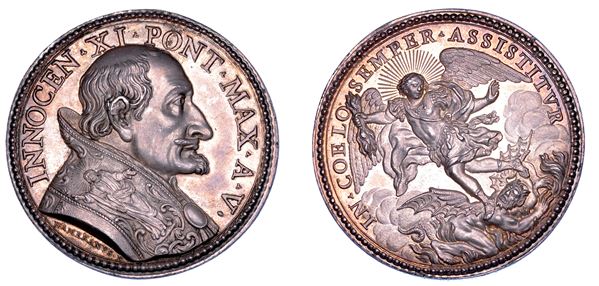 STATO PONTIFICIO. INNOCENZO XI (Benedetto Odescalchi), 1676-1689. Medaglia annuale in argento A. V (1681). Guerra contro i turchi.