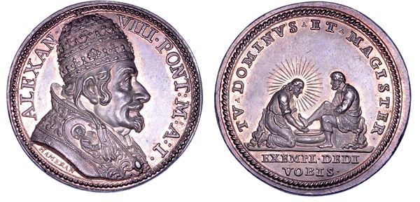 STATO PONTIFICIO. ALESSANDRO VIII (Pietro Ottoboni), 1689-1691. Medaglia in argento A. I (1690). Lavanda dei piedi del giovedì Santo.
