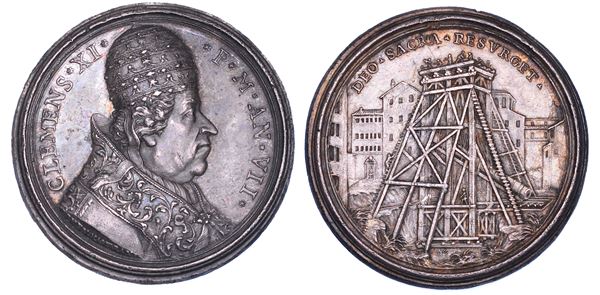 STATO PONTIFICIO. CLEMENTE XI (Giovanni Francesco Albani), 1700-1721. Medaglia annuale in argento 1707/A. VII. Il recupero e l'identificazione della colonna di Antonino Pio.