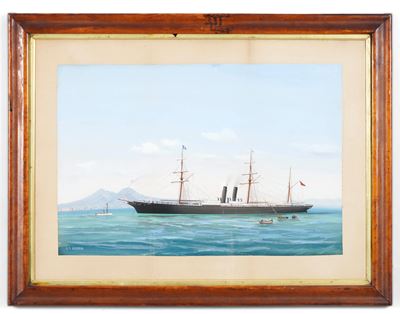 Pittore del XIX-XX secolo, 'Liguria in navigazione nel golfo di Napoli', gouache su carta