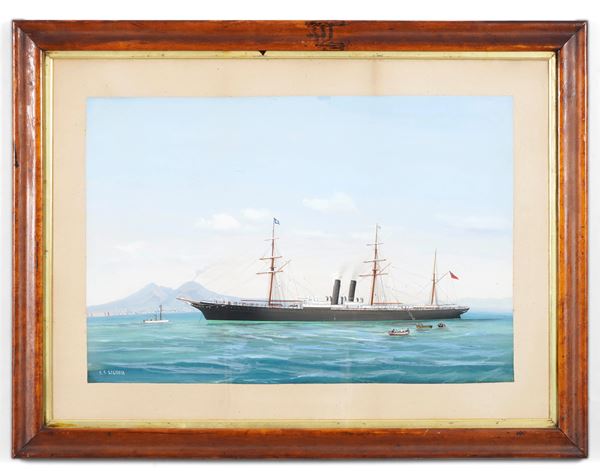 Pittore del XIX-XX secolo S.S. Liguria in navigazione nel golfo di Napoli
