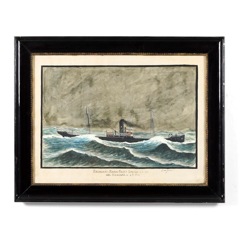Giovanni Luzzo (XIX-XX secolo) : Ritratto del Piroscafo Maria Madre Genova in navigazione  - gouache su carta - Asta Strumenti Scientifici e Arte Marinara - Cambi Casa d'Aste