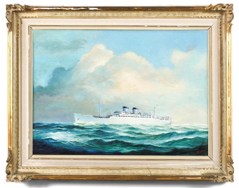 Aldo Giunti (XX secolo) Piroscafo in navigazione  - olio su tavola - Auction Scientific Instruments and Maritime Art - Cambi Casa d'Aste