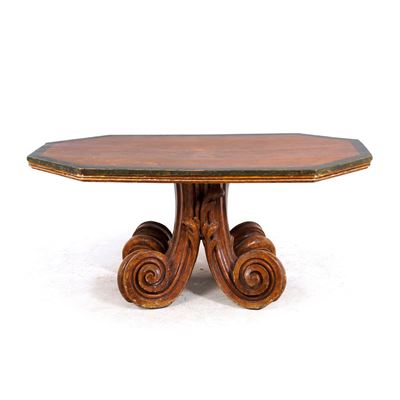 Tavolo in legno intagliato e parzialmente dipinto, cm 184X100X78