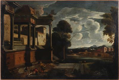 Scuola del XVIII secolo, Veduta con architetture e figure, olio su tela