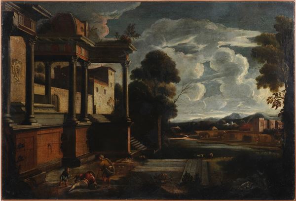 Scuola del XVIII secolo Veduta con architetture e figure