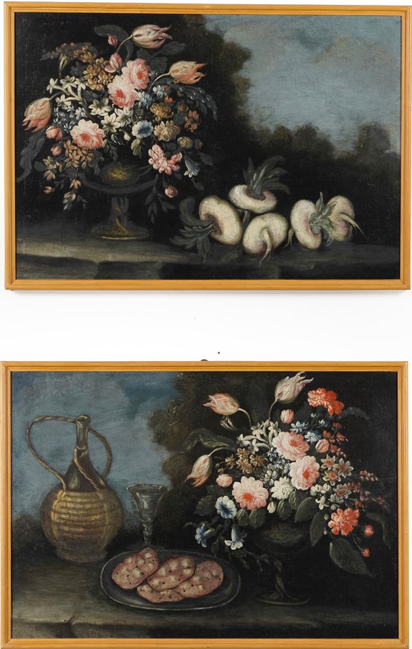 Scuola del XVIII secolo Nature morte con vasi di fiori, verdure e salame