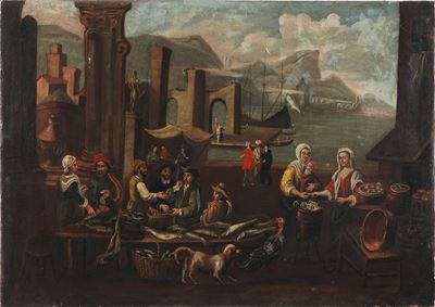 Scuola del XVIII-XIX secolo, Veduta di porto, olio su tela