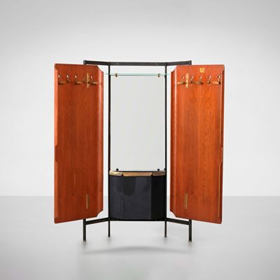 Appendiabiti con specchiera, metallo laccato e legno curvato, Italia, circa 1950