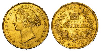 Australia, Sovereign 1861, Testa laureata e corona