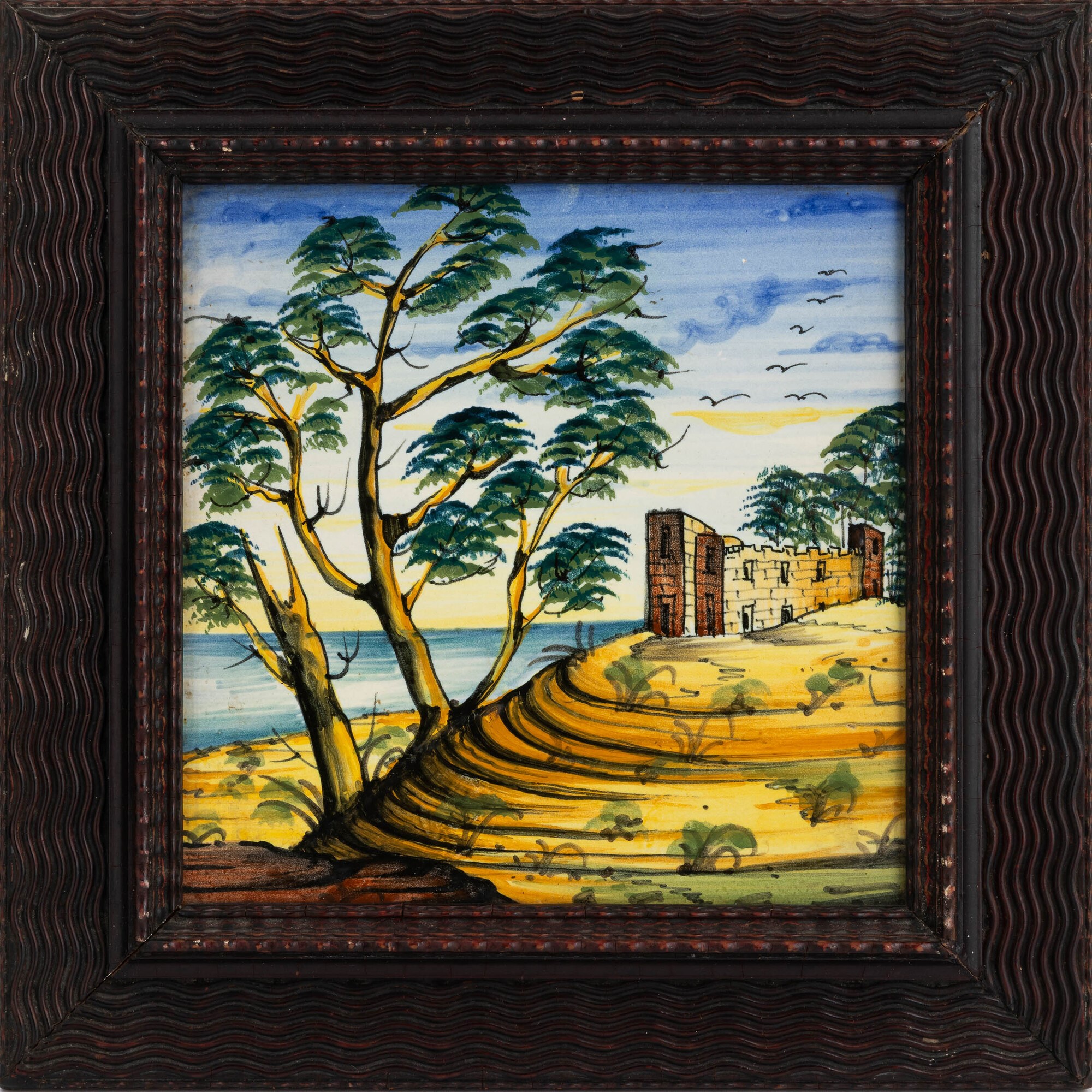 Deruta, Tre piastrelle maiolicate con paesaggi e figure, XX secolo