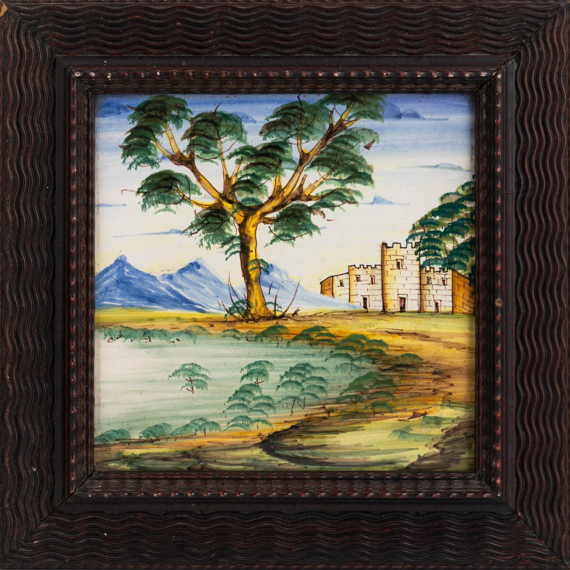 Deruta, Tre piastrelle maiolicate con paesaggi e figure, XX secolo