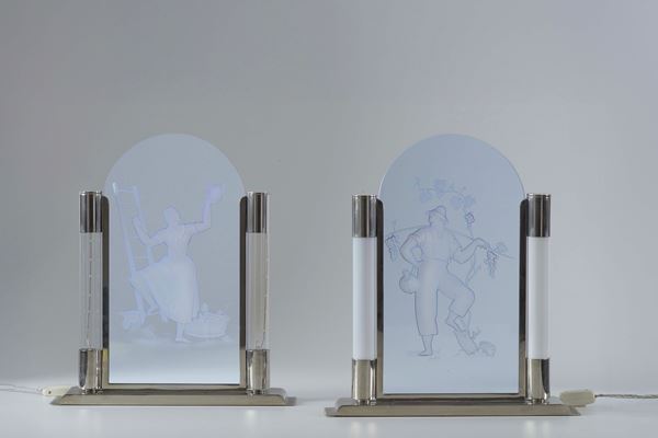 Coppia di lampade in vetro decorato