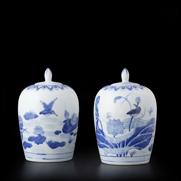 Coppia di vasi in porcellana bianca e blu a soggetto paesaggistico, Cina, XX secolo