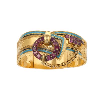 Bracciale semi rigido in oro giallo 18K con ametiste e smalti policromi