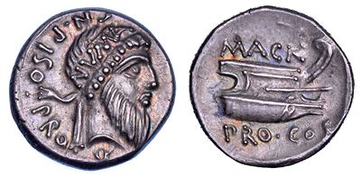 CN. POMPEO MAGNO e CN. CALPURNIO PISO, Denario, 49 a.C., Argento, 4,03 g, Diametro 17,74 mm