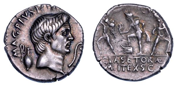 SESTO POMPEO. Denario, 42-40 a.C. Sicilia.