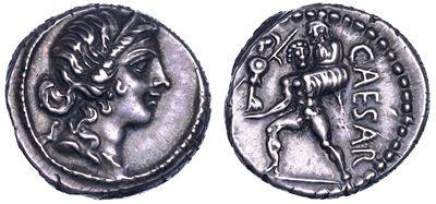 C. GIULIO CESARE, Denario, anni 47-46 a.C., Africa