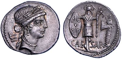 C. GIULIO CESARE, Denario, anni 48-47, Zecca itinerante