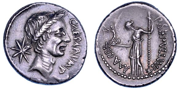 C. GIULIO CESARE. Denario, 44 a.C. P. Sepullio Macer.