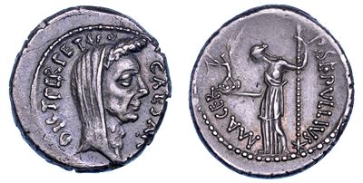 C. GIULIO CESARE, Denario, 44 a.C., P. Sepullio Macer