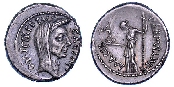 C. GIULIO CESARE. Denario, 44 a.C. P. Sepullio Macer.