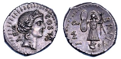M. Iunio Bruto, Denario, 43-42 a.C., Zecca itinerante, Pedanio Costa