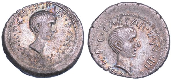 M. EMILIO LEPIDO e OTTAVIANO.    Denario, 43 a.C.