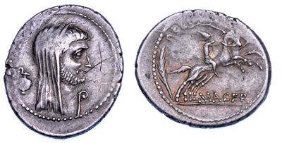Marco Antonio, Denario, 44 a.C., P. Sepullius Macer