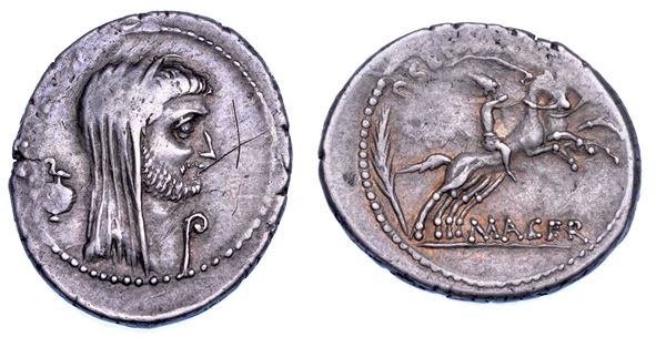 MARCO ANTONIO. Denario, 44 a.C. P. Sepullius Macer.