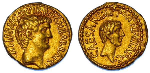 MARCO ANTONIO E OTTAVIANO.   Aureo, 41 a.C. M. Barbatius.